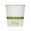 White paper cup with World Centric certification label on a white background