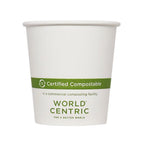 White paper cup with World Centric certification label on a white background