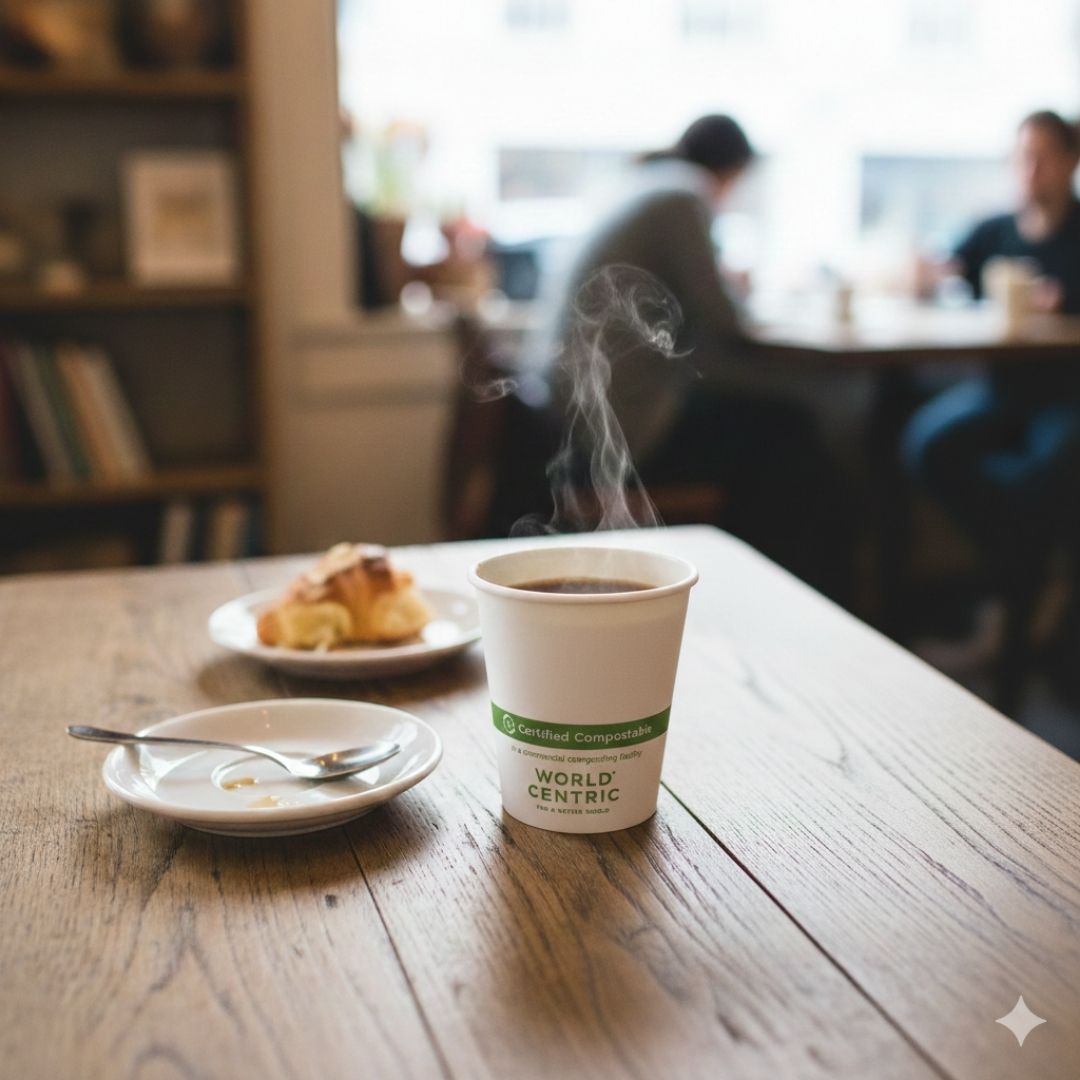 Steaming coffee cup on a wooden table with a blurred cafe background