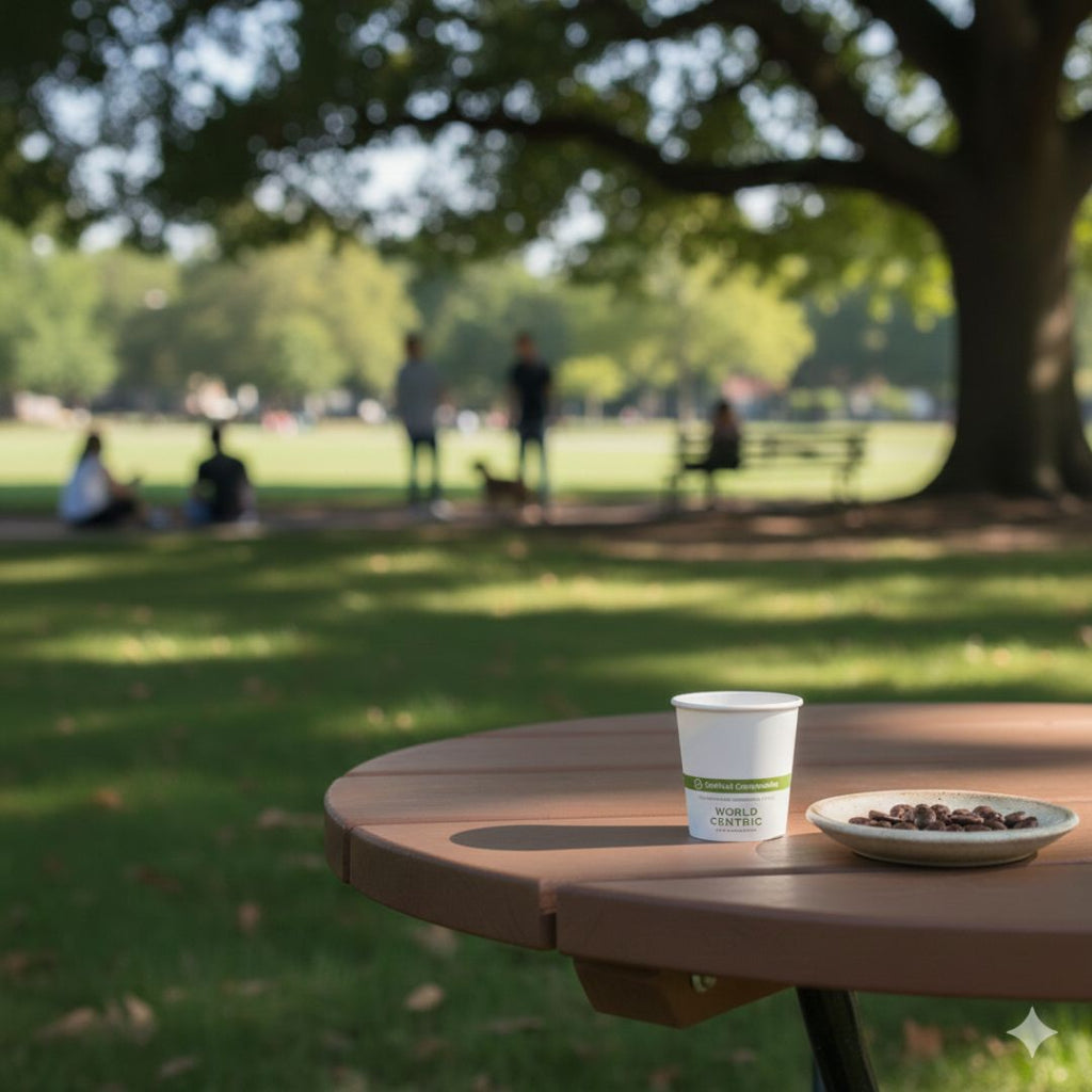 Coffee cup and plate with coffee beans on a park table with people in the background