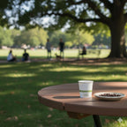 Coffee cup and plate with coffee beans on a park table with people in the background