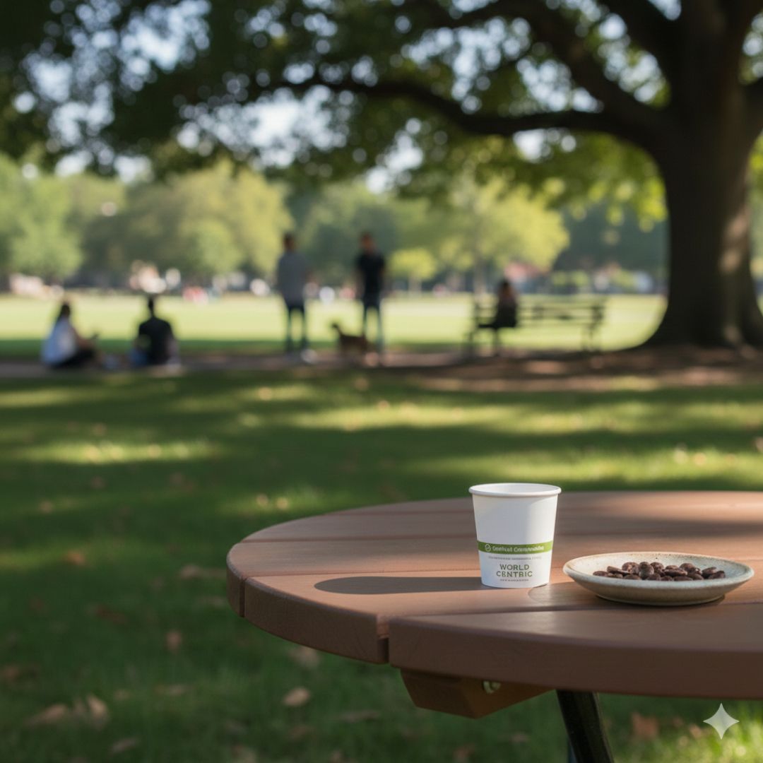 Coffee cup and plate with coffee beans on a park table with people in the background