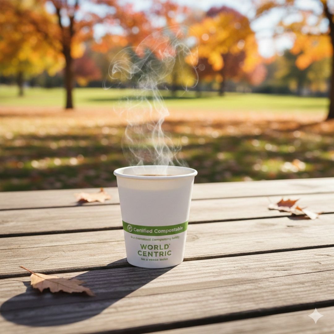 Compostable World Centric cup with steam in an autumn park setting