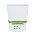 White paper cup with green certification label on a white background