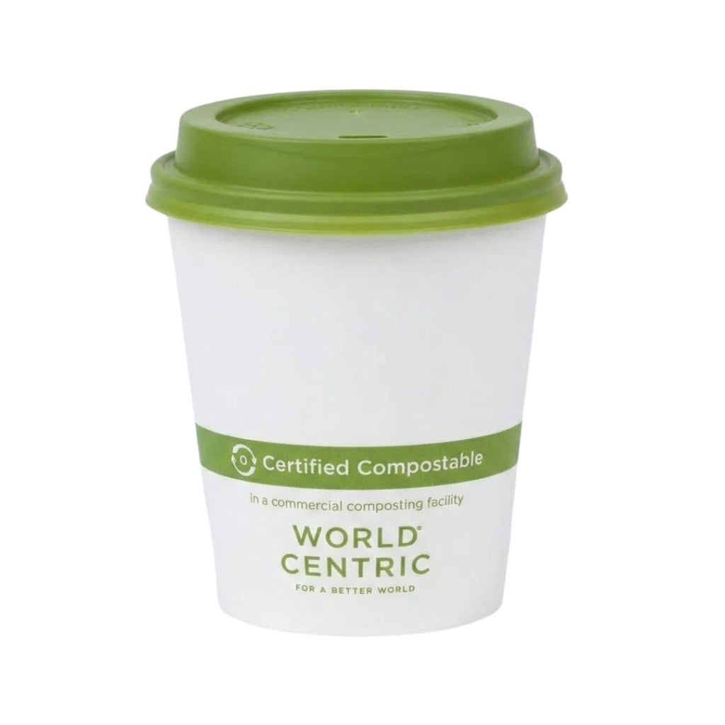 White compostable cup with green lid and World Centric branding on a white background