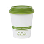 White compostable cup with green lid and World Centric branding on a white background