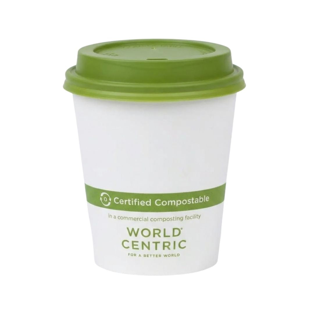 White compostable cup with green lid and World Centric branding on a white background