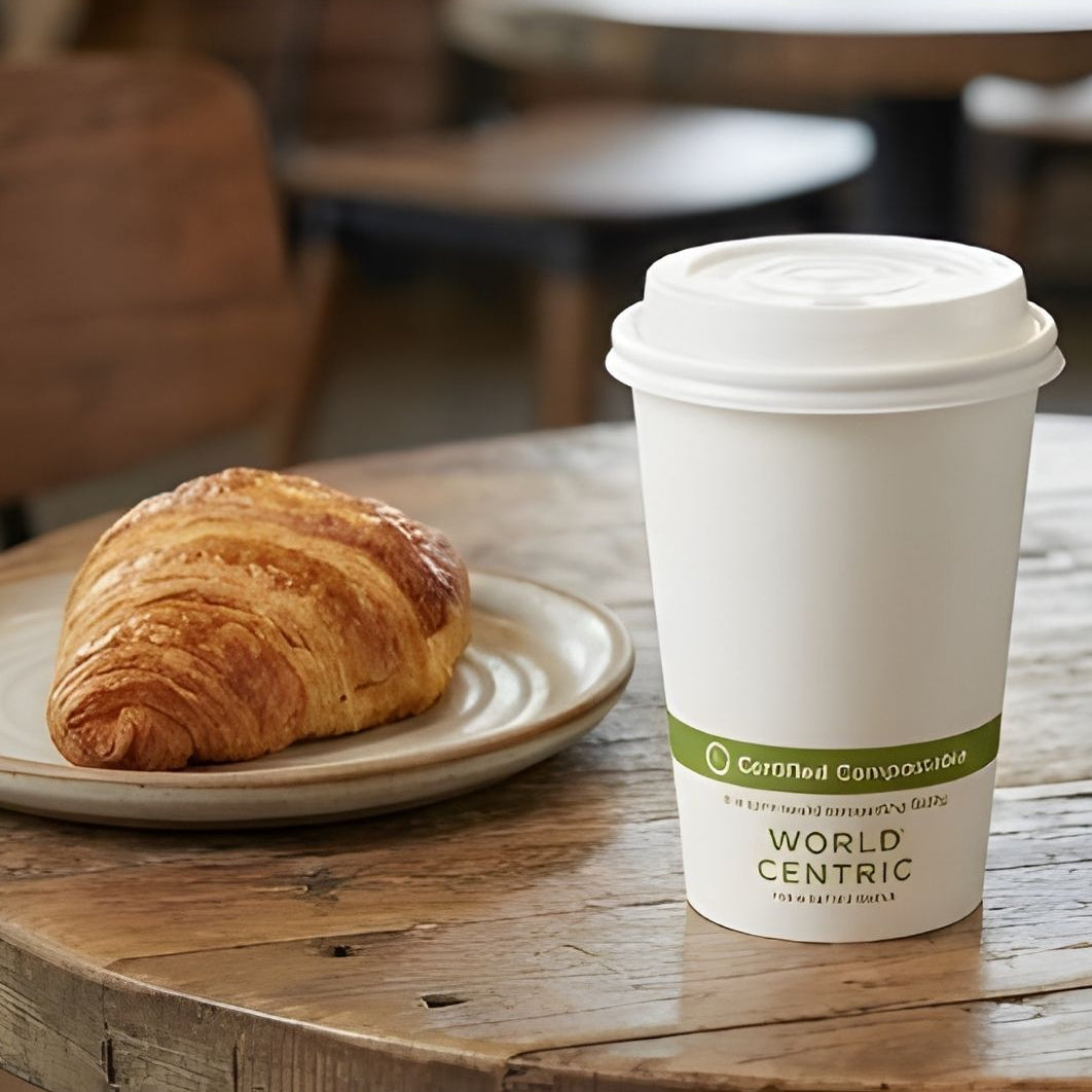 White compostable coffee cup with a croissant on a wooden table