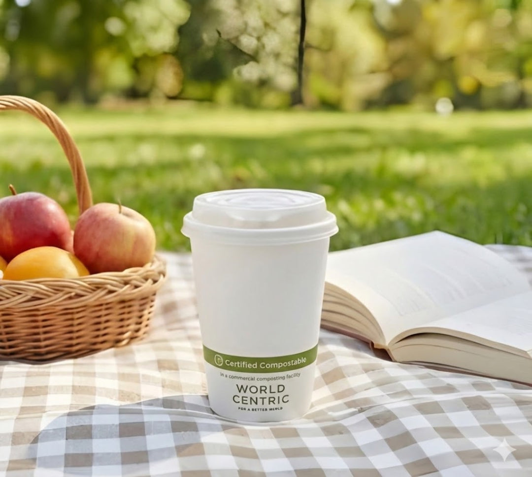 White compostable coffee cup on a picnic blanket with apples and an open book in a park setting