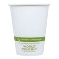 White paper cup with 'World Centric' certified compostable label on a white background