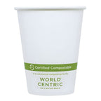 White paper cup with 'World Centric' certified compostable label on a white background