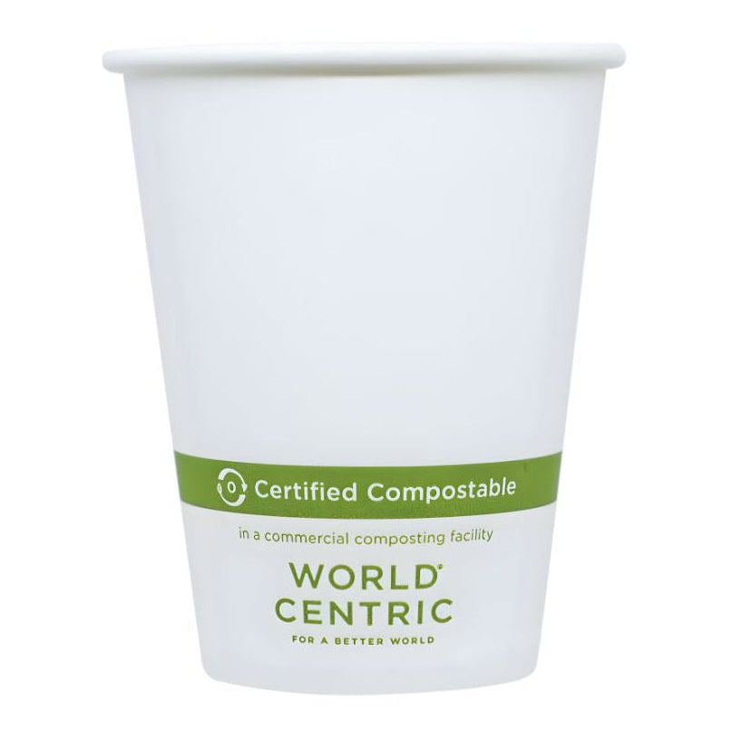 White paper cup with 'World Centric' certified compostable label on a white background