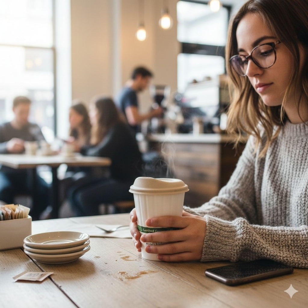 Woman holding a coffee cup in a cafe with blurred background