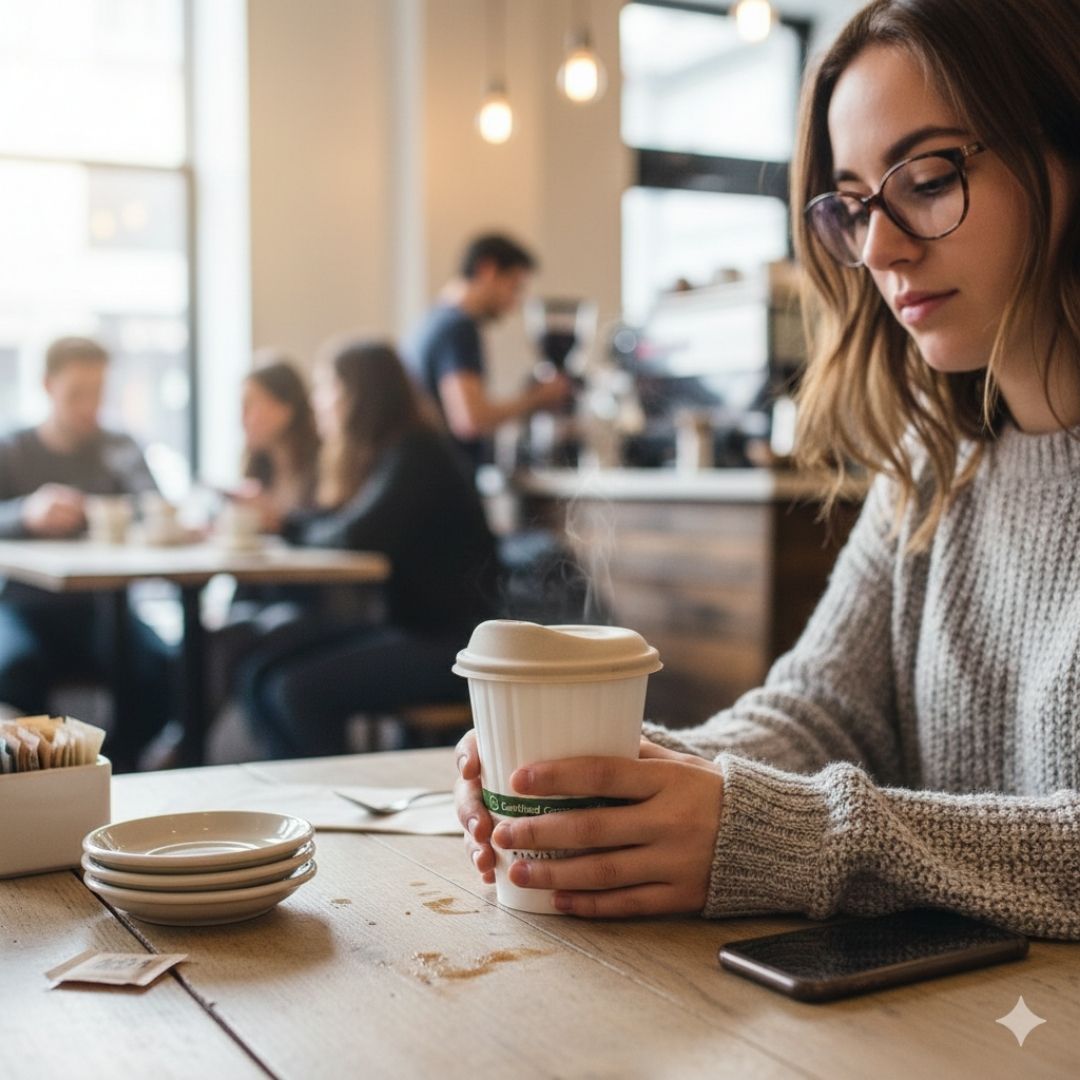 Woman holding a coffee cup in a cafe with blurred background