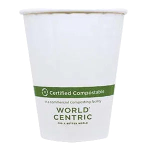 White paper cup with 'World Centric' certification label on a white background
