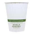 White paper cup with 'World Centric' certification label on a white background