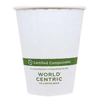 White paper cup with 'World Centric' certification label on a white background