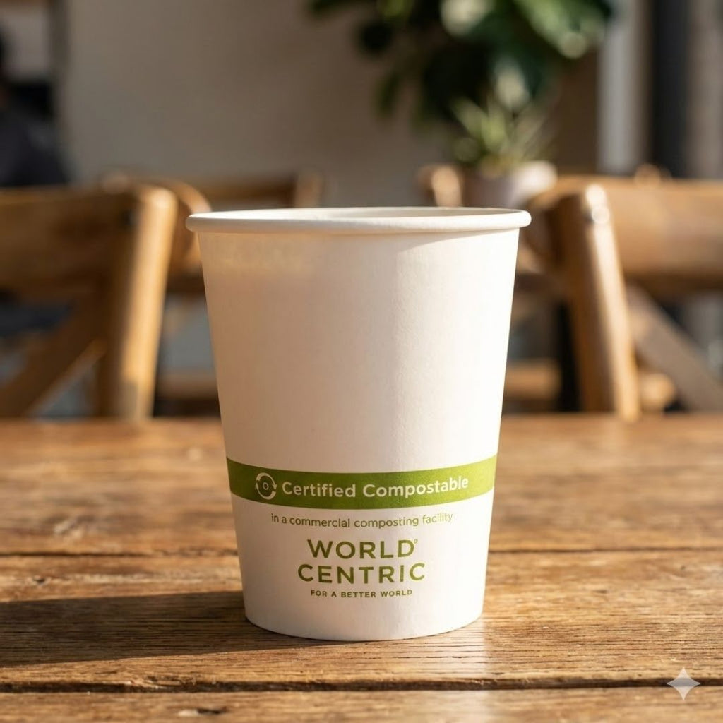 Certified compostable World Centric paper cup on a wooden table with blurred background