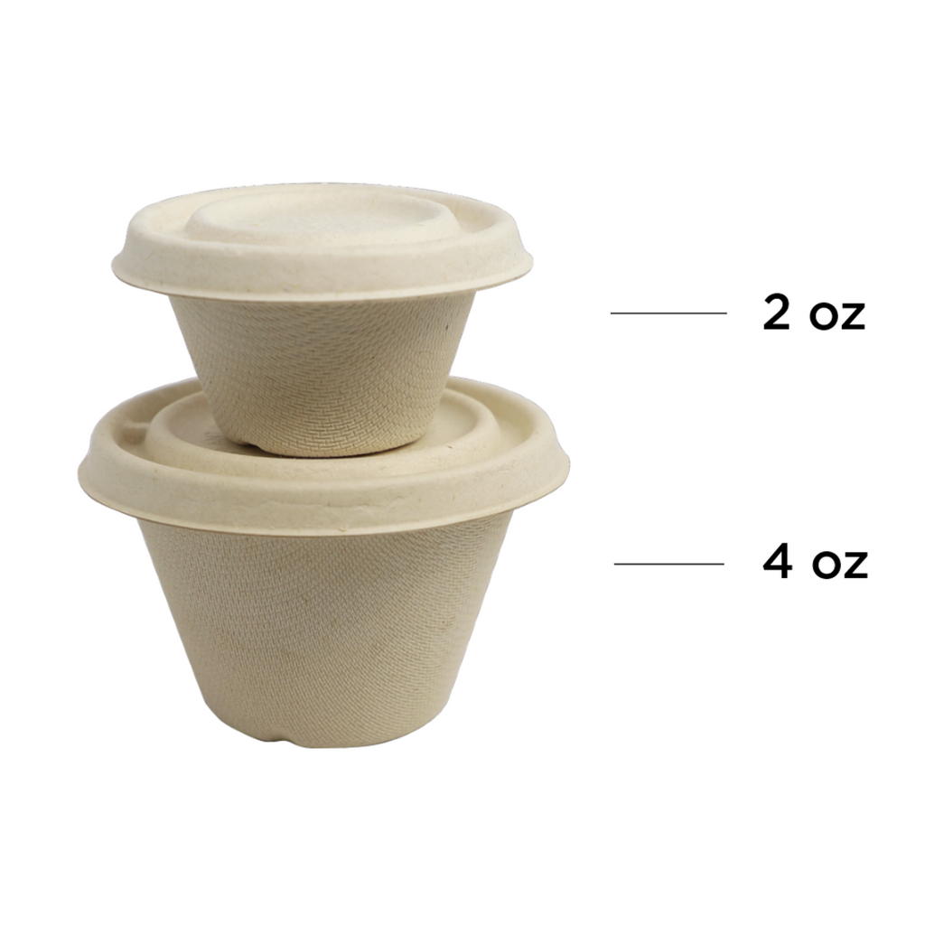 Picture of two sizes of portion cups wit lids for comparison on a white background.