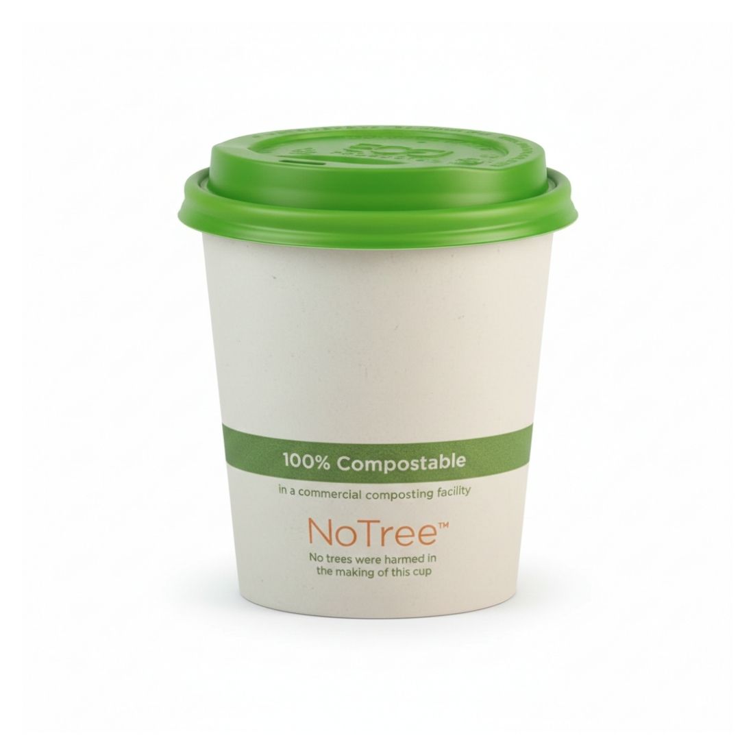 Compostable paper cup with green lid and 'NoTree' branding on a white background