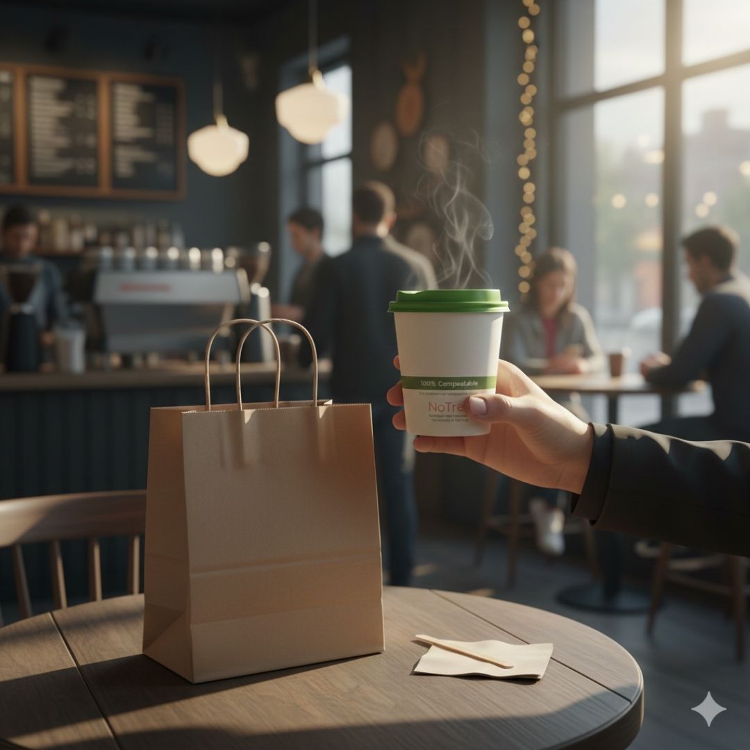 Hand holding a coffee cup with a green lid in a cafe setting