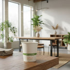 Compostable cup on a wooden table with a blurred indoor setting