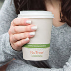 Hand holding a 100% compostable coffee cup with 'NoTree' branding.