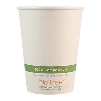 A beige disposable paper hot cup with a green and orange label stating '100% Compostable' and the brand name 'NoTree'.