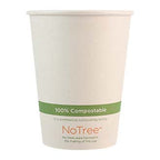 A beige disposable paper hot cup with a green and orange label stating '100% Compostable' and the brand name 'NoTree'.