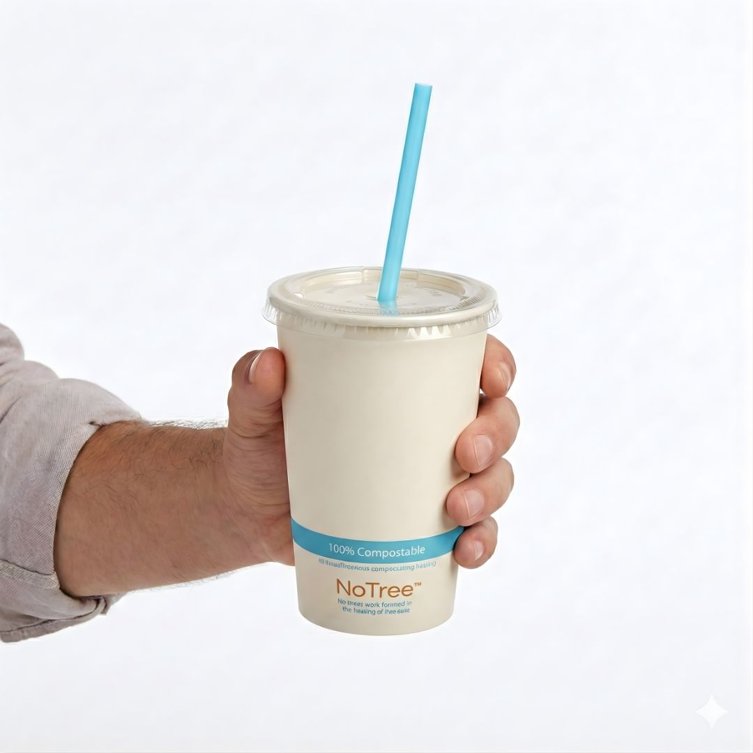 Hand holding a compostable cup with a blue straw on a white background