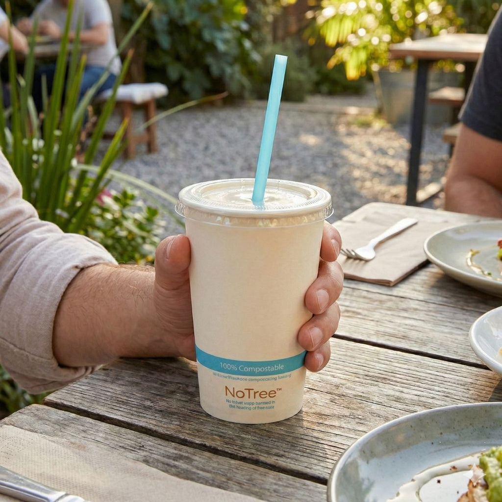 Person holding a compostable coffee cup with a blue straw at an outdoor dining table.