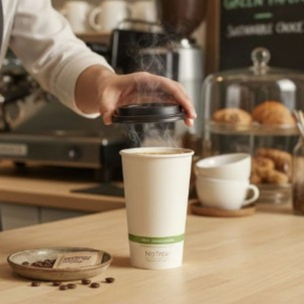 Person pouring steaming coffee into a paper cup with a NoTree label on a wooden counter.