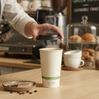 Person pouring steaming coffee into a paper cup with a NoTree label on a wooden counter.