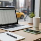 Laptop, smartphone, and coffee cup on a desk with a cityscape background