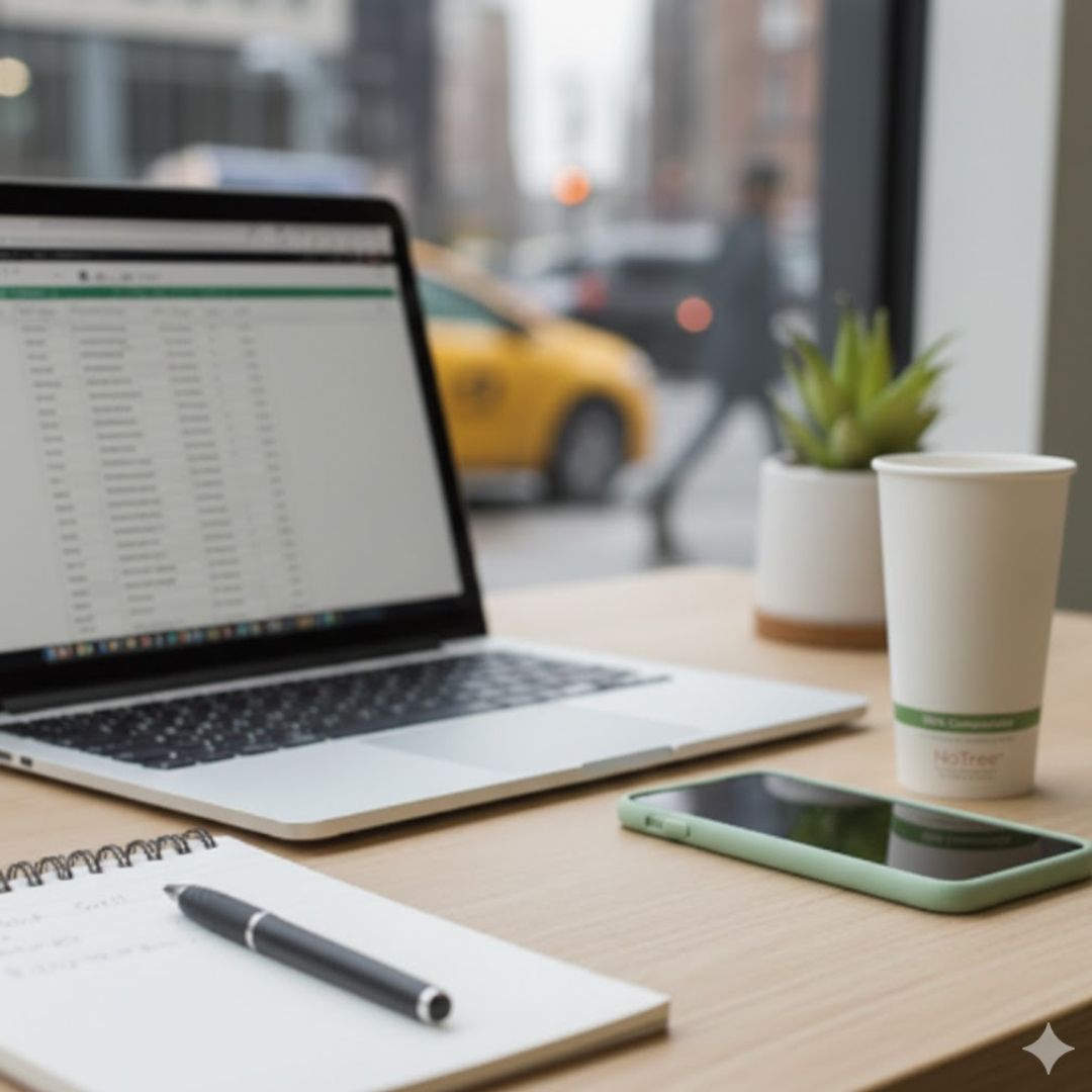 Laptop, smartphone, and coffee cup on a desk with a cityscape background