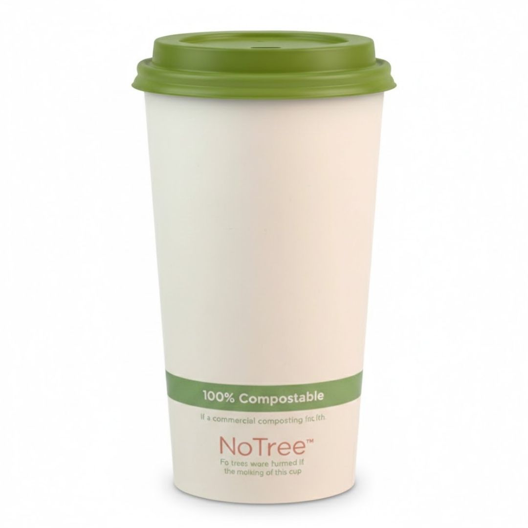 Compostable coffee cup with green lid and 'NoTree' branding on a white background