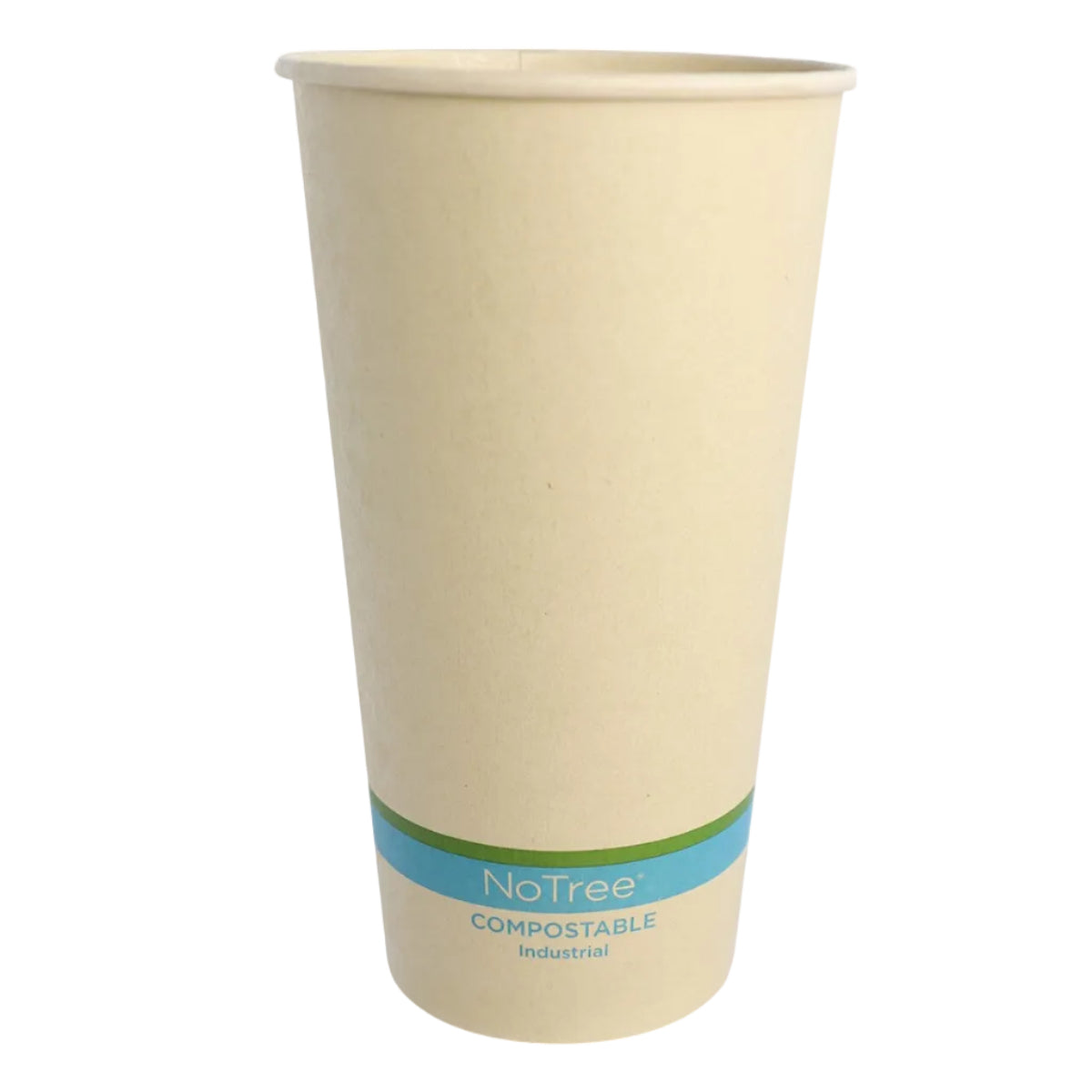 Beige compostable cup with 'NoTree' branding on a white background