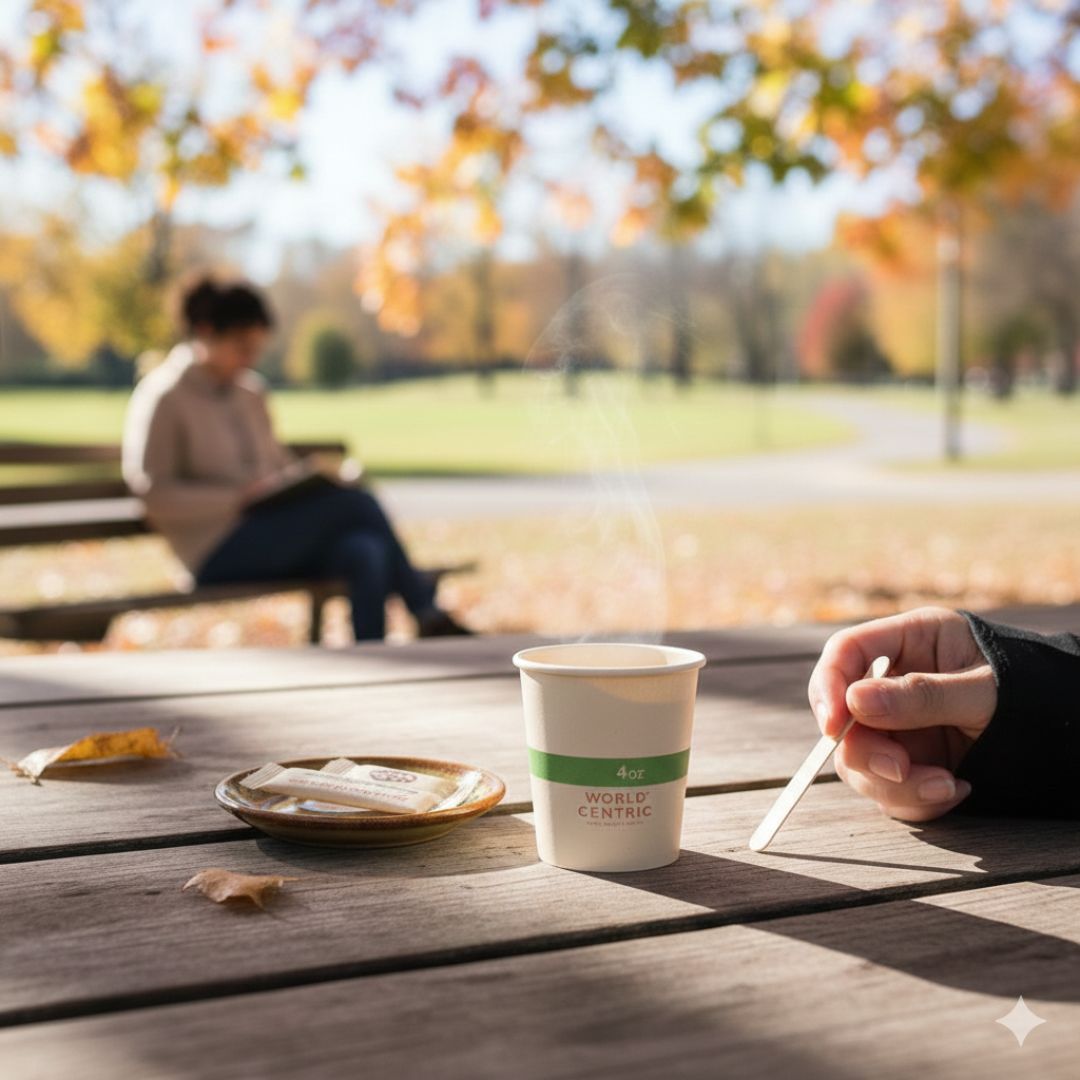 Person sitting at a park table with a World Central Coffee cup and a plate, surrounded by autumn trees.