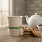 Compostable paper cup with cookies and teapot on a wooden surface