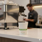 Compostable coffee cup on a counter with a blurred coffee shop background