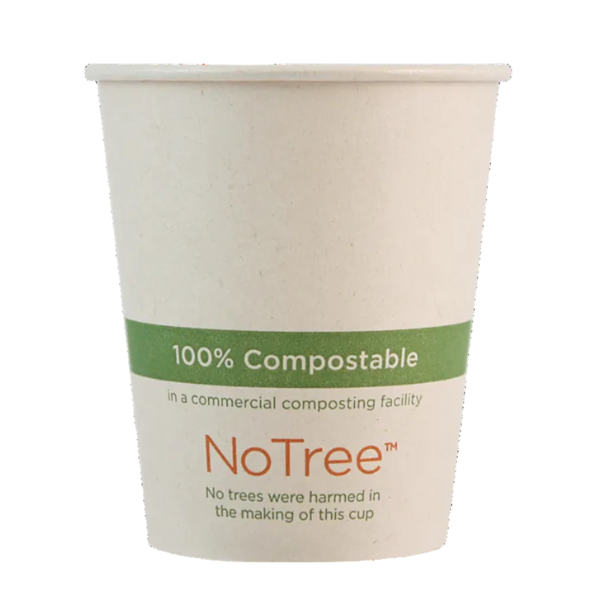 Compostable paper cup with 'NoTree' branding on a tan background