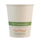 Compostable paper cup with 'NoTree' branding on a tan background