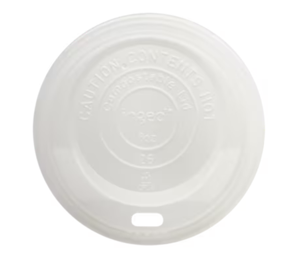 White compostable lid with a brand logo on a white background