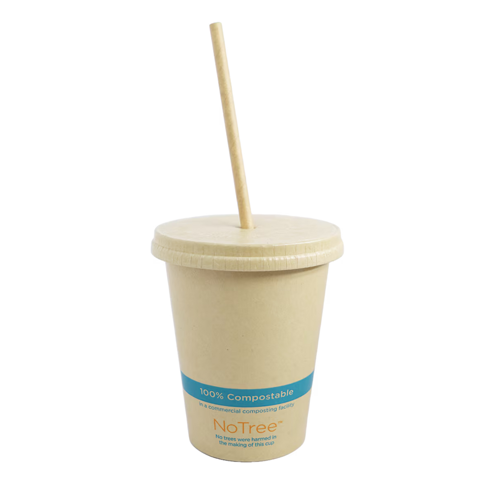 Beige compostable cup with lid and straw on a white background