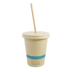 Beige compostable cup with lid and straw on a white background