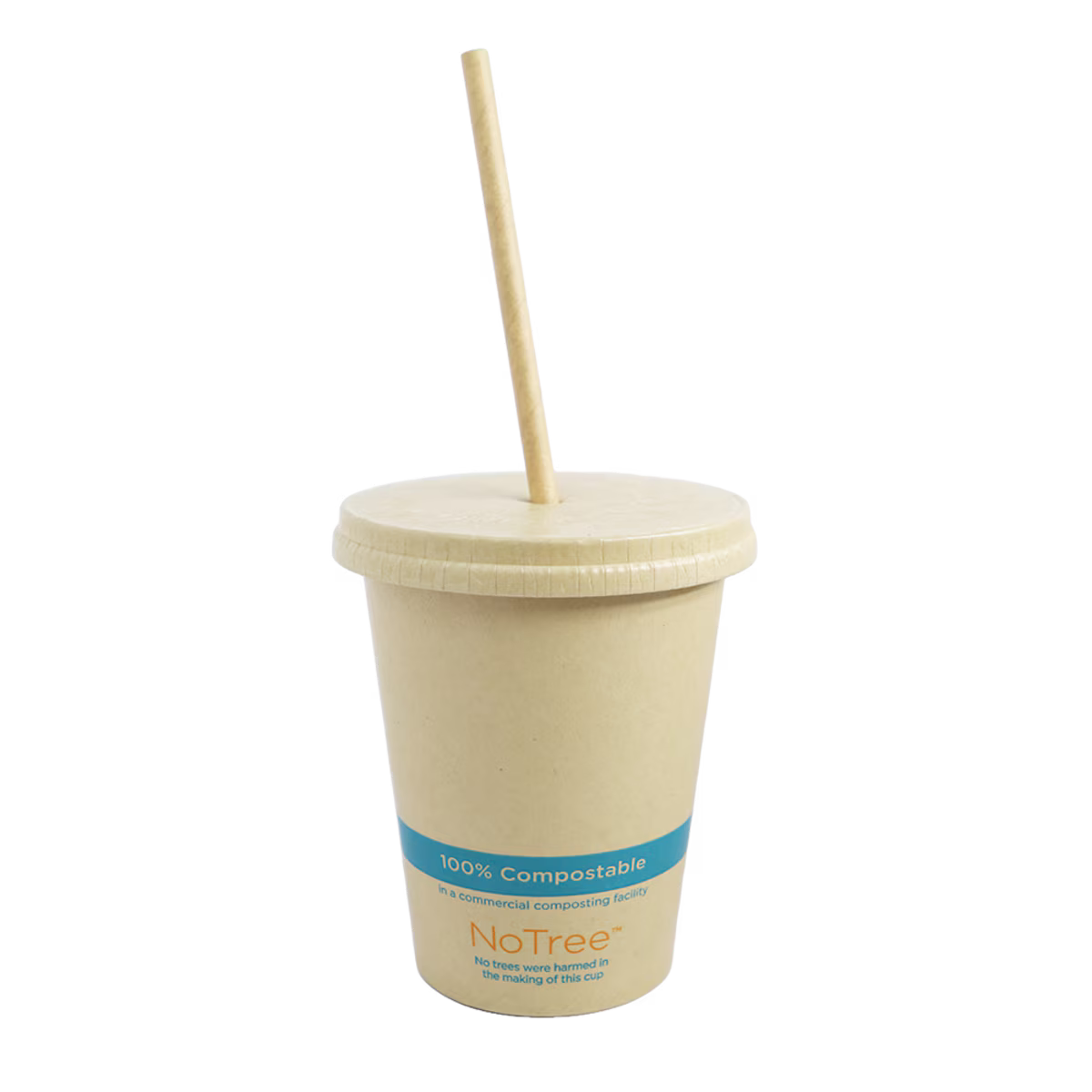 Beige compostable cup with lid and straw on a white background