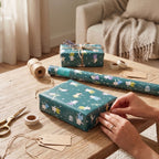 Person wrapping a gift with recycled gift paper on a wooden table.