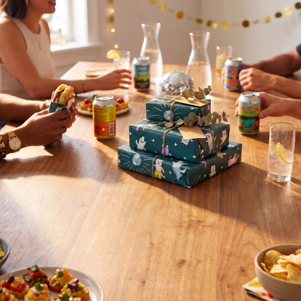People sitting around a table with wrapped gifts, food, and drinks.