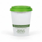 White compostable cup with green lid and World Centric branding on a white background
