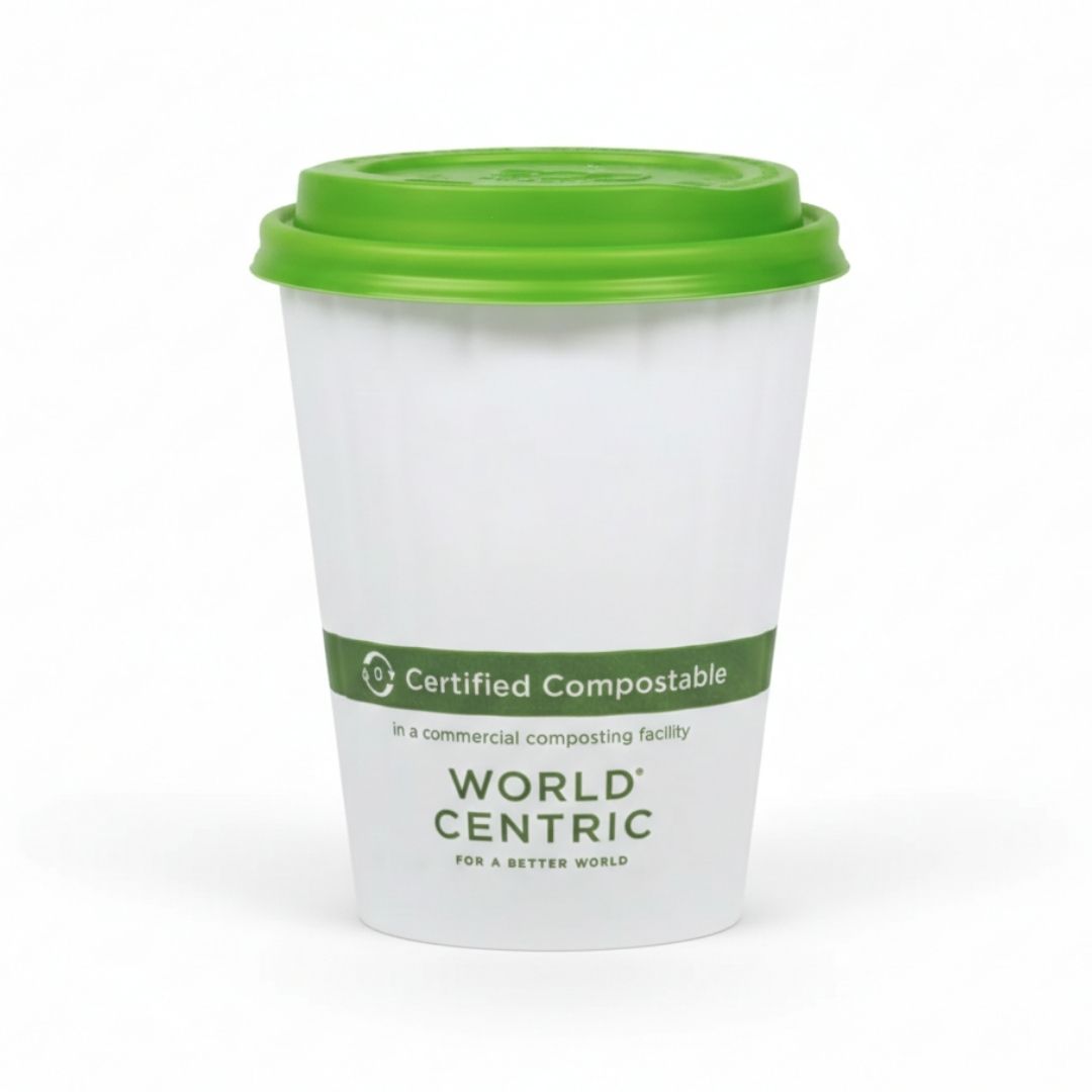 White compostable cup with green lid and World Centric branding on a white background